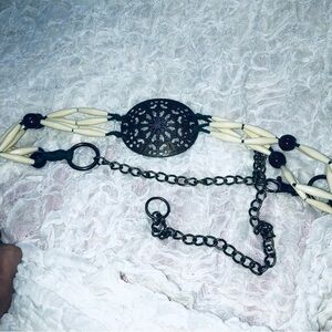 Vintage Elegant Brown and Cream Chain Belt with medallion in middle, 46” long